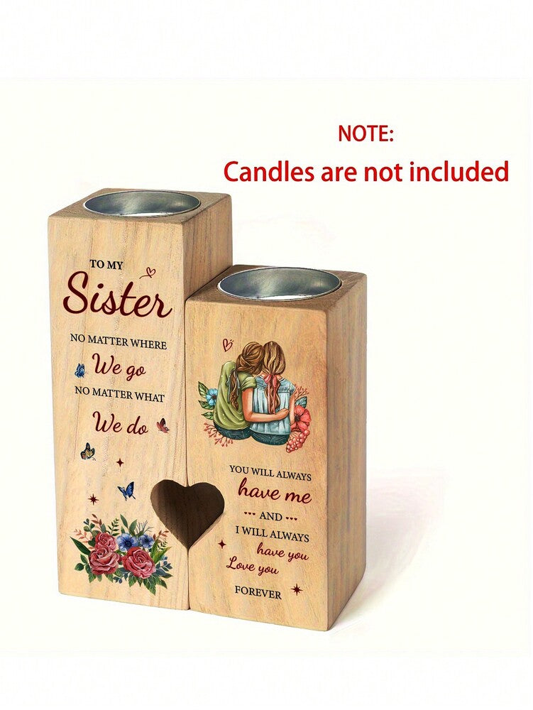 Wooden Heart Candle Holder Gift for Sister, Elegant Birthday or Thanksgiving Remembrance Keepsake, Best Friend or Family Gift (Candles Not Included)