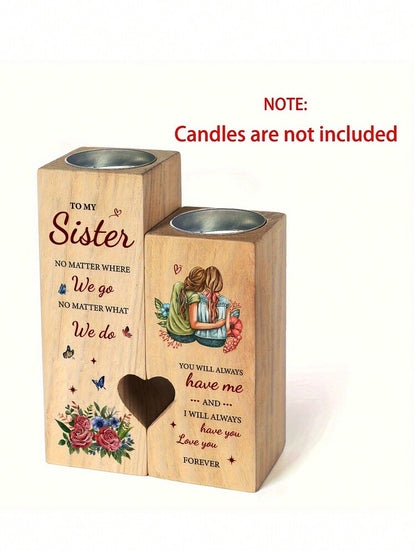 Wooden Heart Candle Holder Gift for Sister, Elegant Birthday or Thanksgiving Remembrance Keepsake, Best Friend or Family Gift (Candles Not Included)