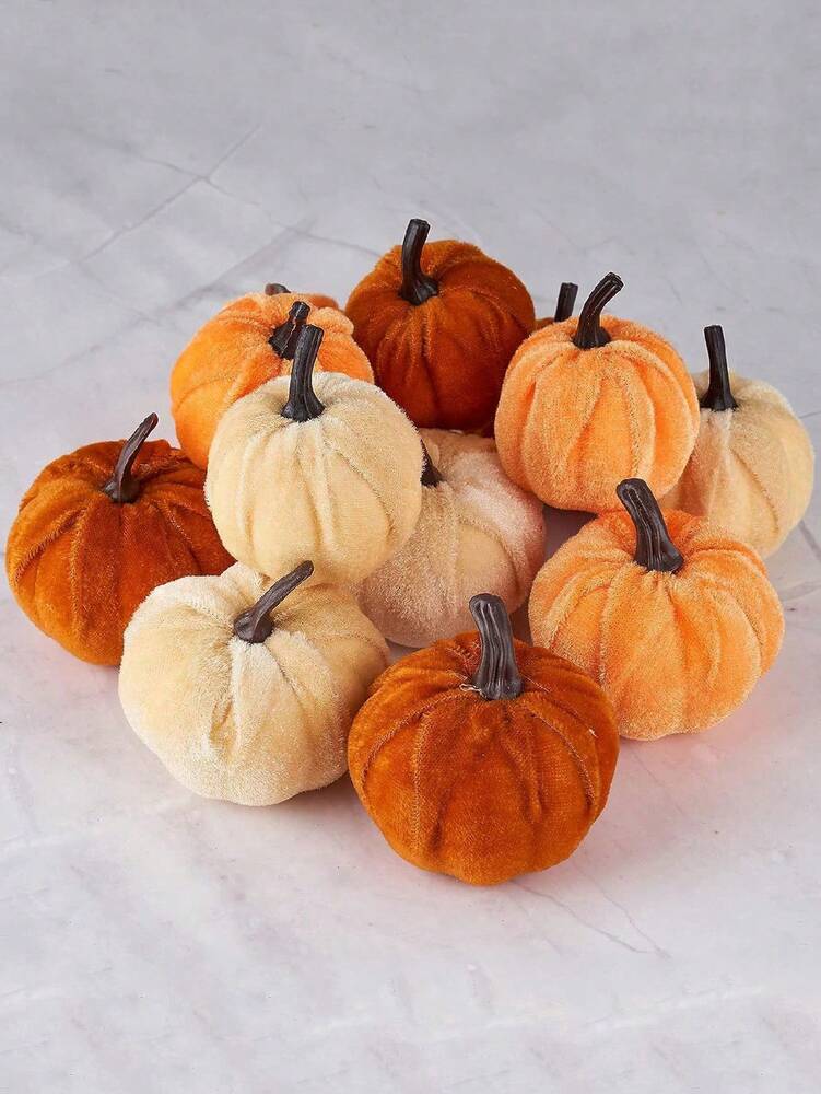 12pcs Faux Velvet Mini Pumpkins, Farmhouse Fall Decorations, Assorted Soft Fabric Pumpkins for Thanksgiving Table & Home Decor