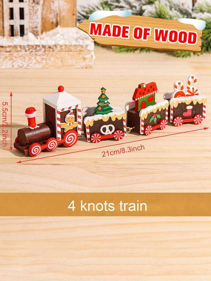 Christmas Wooden Train Ornament, Four-Section Holiday Decoration for Table, Fireplace & Garden Christmas Home or Office Decor
