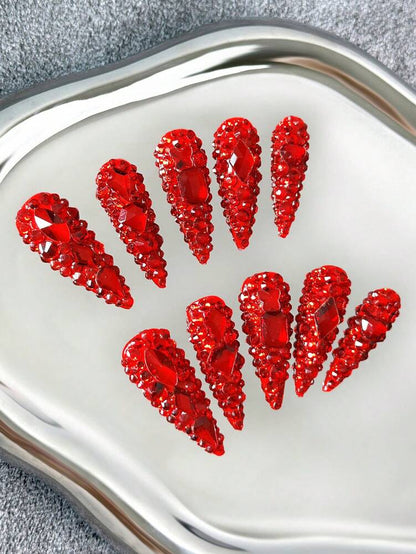 10pcs Long Stiletto Press On Nails, Red Rhinestone Glitter Nail Tips, Handmade 3D Shiny Acrylic Nails For Women Party Or DIY Manicure