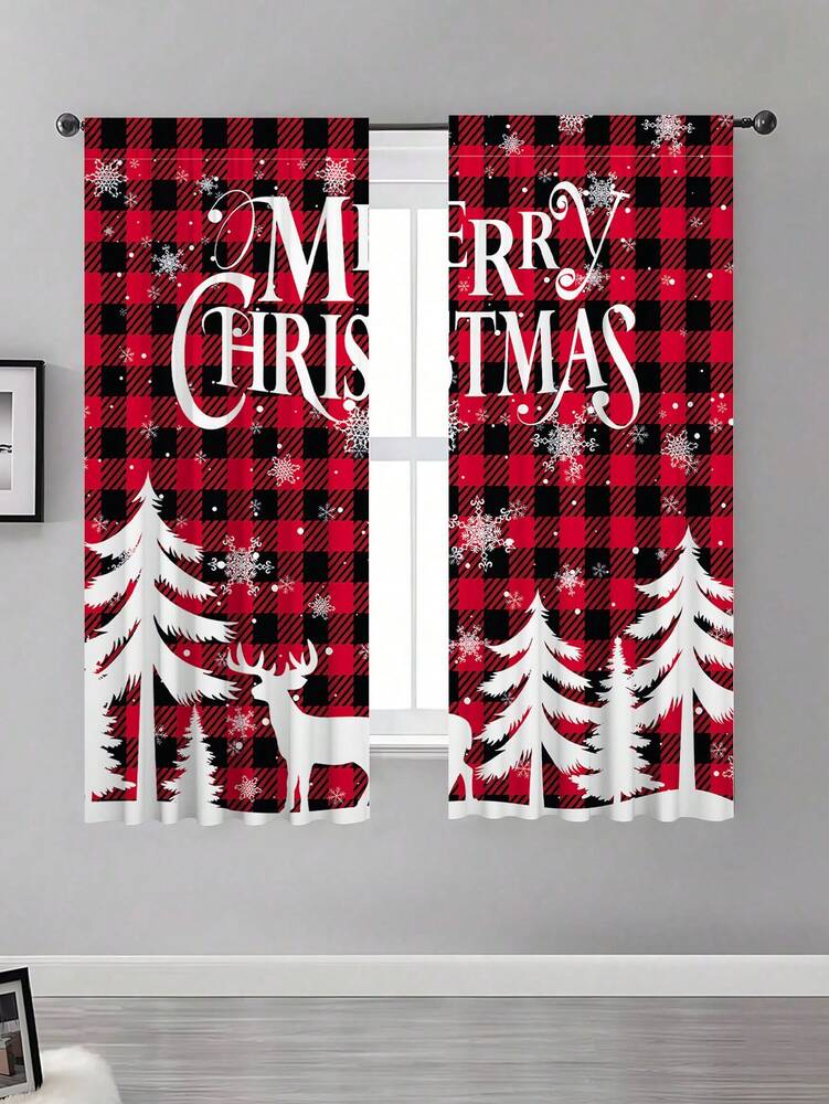 2-Piece Christmas Reindeer and Tree Blackout Curtain Set, Holiday Window Panels for Home Living Room or Bedroom Decor
