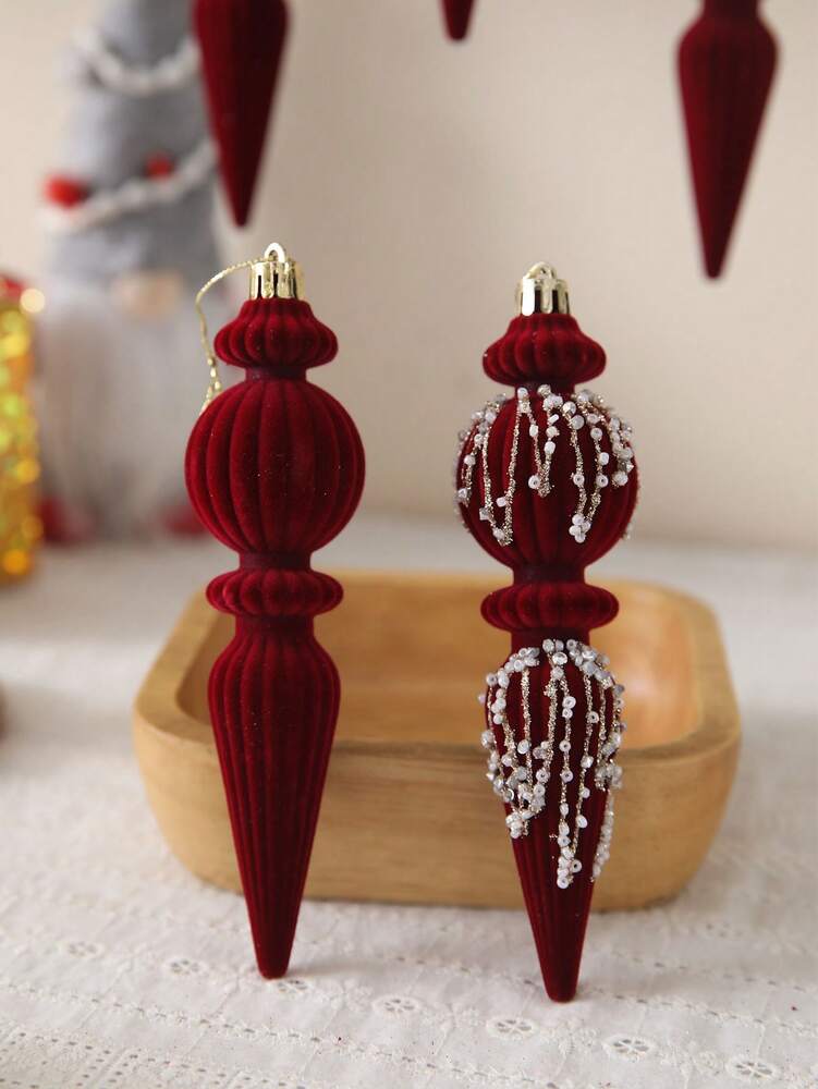 6/12pcs Velvet Christmas Ornament Set (7"), Textured Shatterproof Burgundy Tree Decorations, Elegant Holiday Home Decor