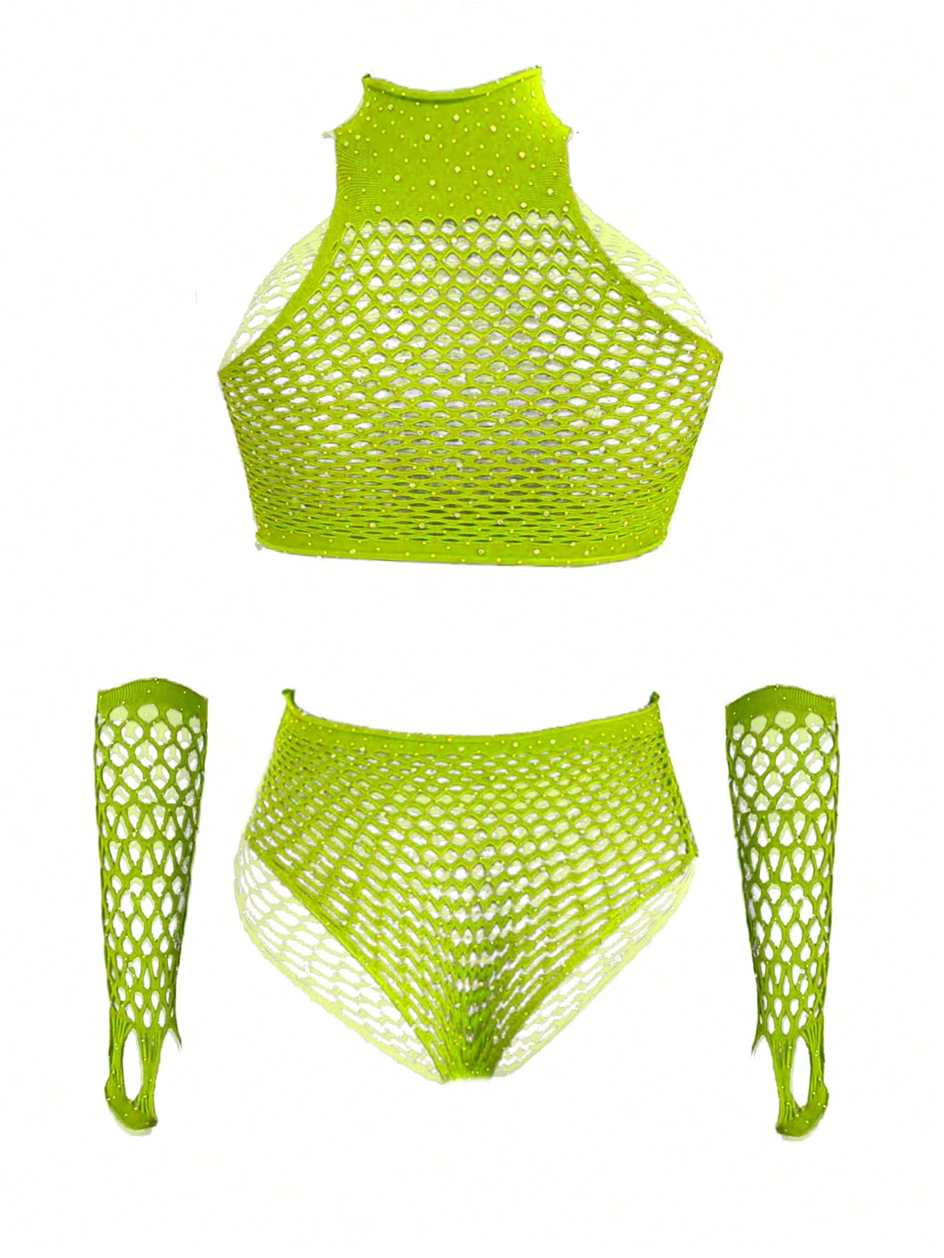 Rhinestone Studded Ultra Short Top And Thong Lingerie Set With Gloves