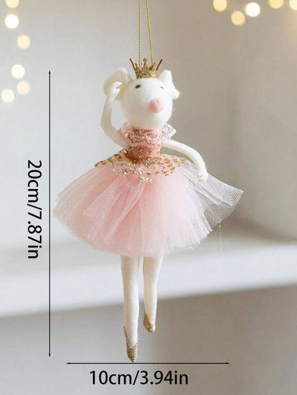 Pink Mesh Skirt Mouse Ornament with Golden Crown, Cute Christmas Tree Pendant, Aesthetic Holiday Decoration for Bedroom, Living Room or Office Decor