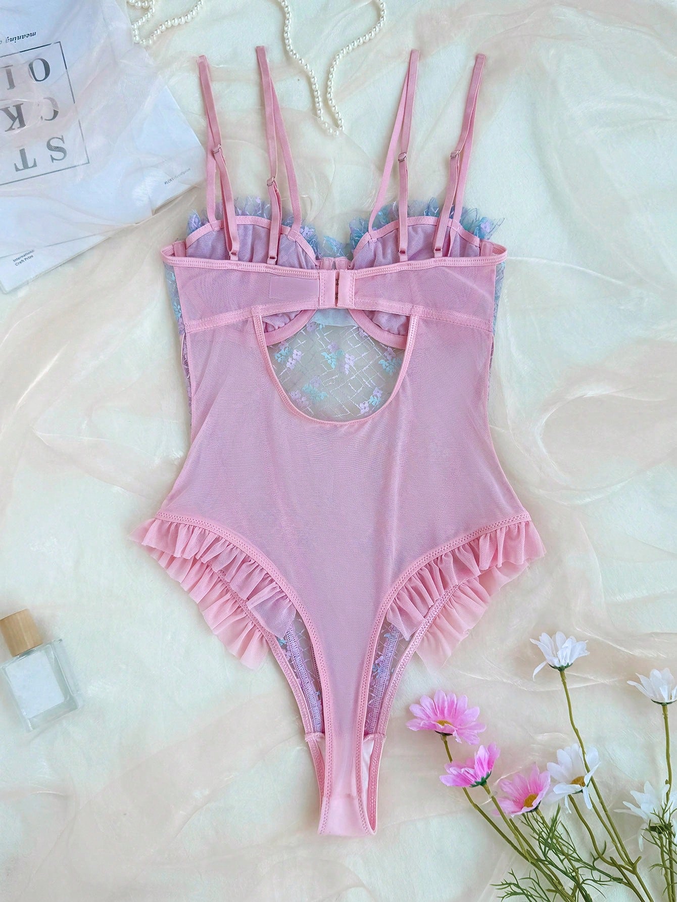 See-Through Ruffle Contrast Suspender Backless Sexy Bodysuit