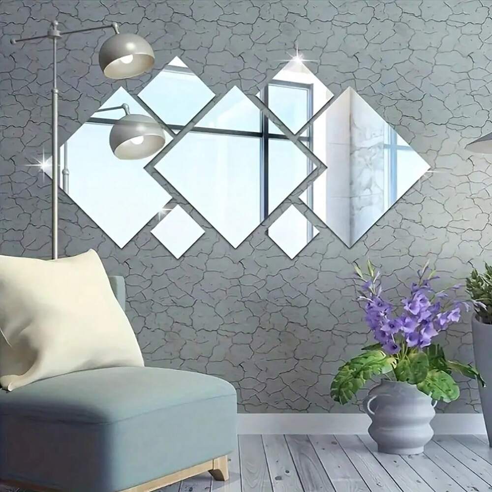 7pcs Square Acrylic Mirror Wall Stickers, 3D Rhombus & Rectangular Self-Adhesive Shatterproof Removable Mirrors for Home or Office Decor