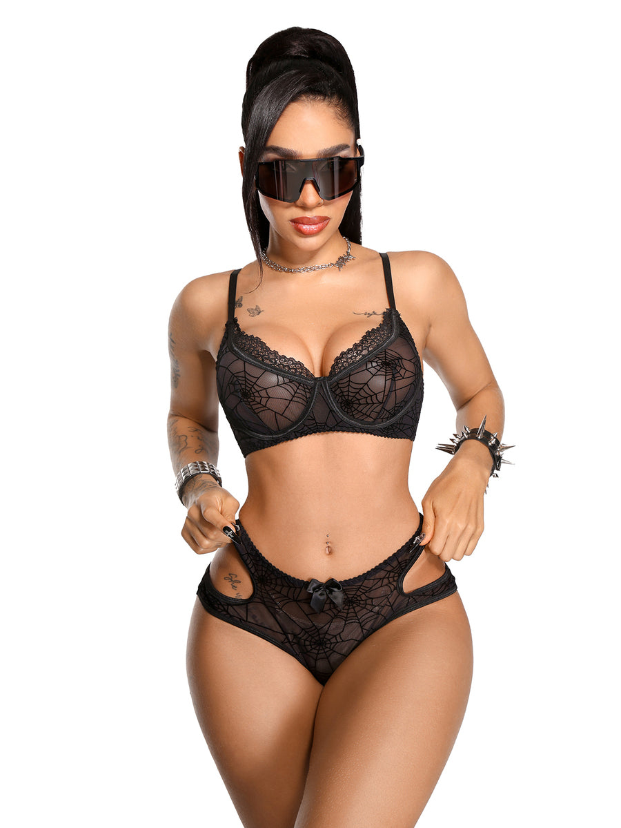 Women's 2-piece black spider web flocked patchwork lingerie set featuring an underwire bra with lace trim and matching mid-rise briefs.