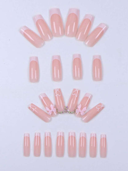 24pcs Long Ballet Christmas Press On Nails, White Snowflakes And Gingerbread Bow Design, 3D Acrylic False Nails For Women Holiday Gift