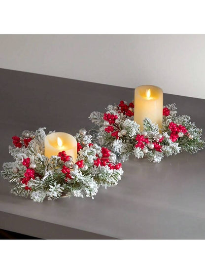 Christmas Candle Ring Holder with Red Flowers, Gold Berries & Greenery, Holiday Table Centerpiece