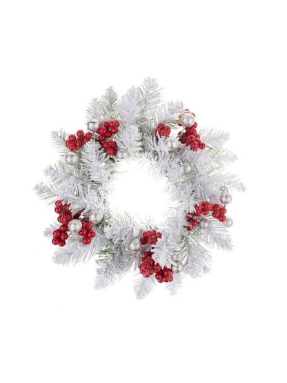 Christmas Candle Ring Holder with Red Flowers, Gold Berries & Greenery, Holiday Table Centerpiece