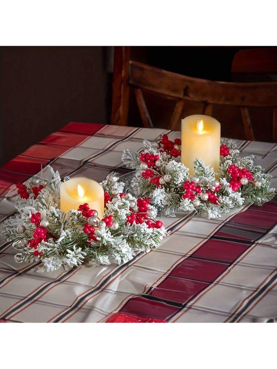 Christmas Candle Ring Holder with Red Flowers, Gold Berries & Greenery, Holiday Table Centerpiece