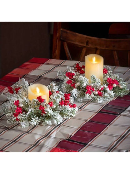 Christmas Candle Ring Holder with Red Flowers, Gold Berries & Greenery, Holiday Table Centerpiece
