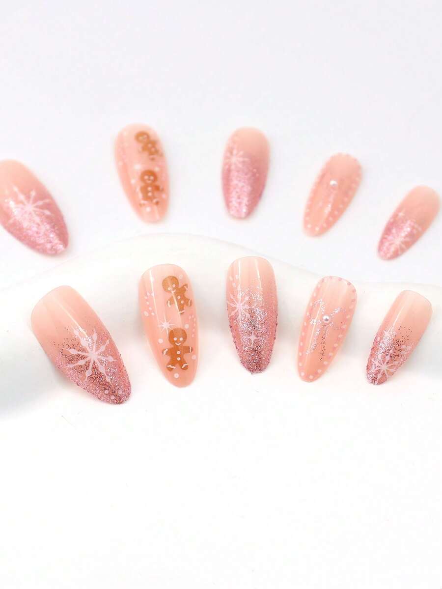 24pcs Almond Christmas Press On Nails, Red Santa Hat Short False Nails, Holiday Nail Set For Women, Office, Date, Party & Everyday Wear