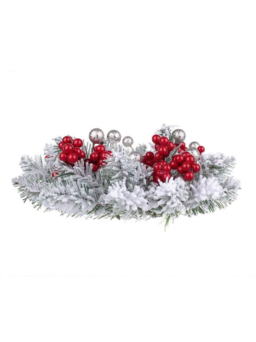 Christmas Candle Ring Holder with Red Flowers, Gold Berries & Greenery, Holiday Table Centerpiece