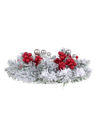 Christmas Candle Ring Holder with Red Flowers, Gold Berries & Greenery, Holiday Table Centerpiece