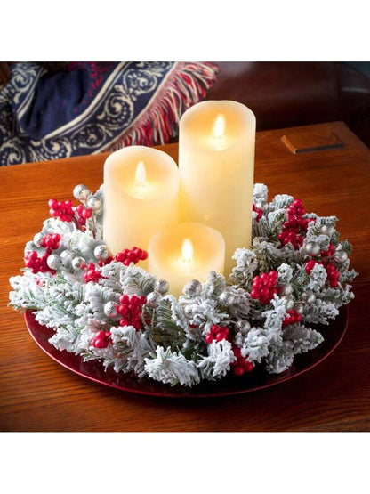 Christmas Candle Ring Holder with Red Flowers, Gold Berries & Greenery, Holiday Table Centerpiece