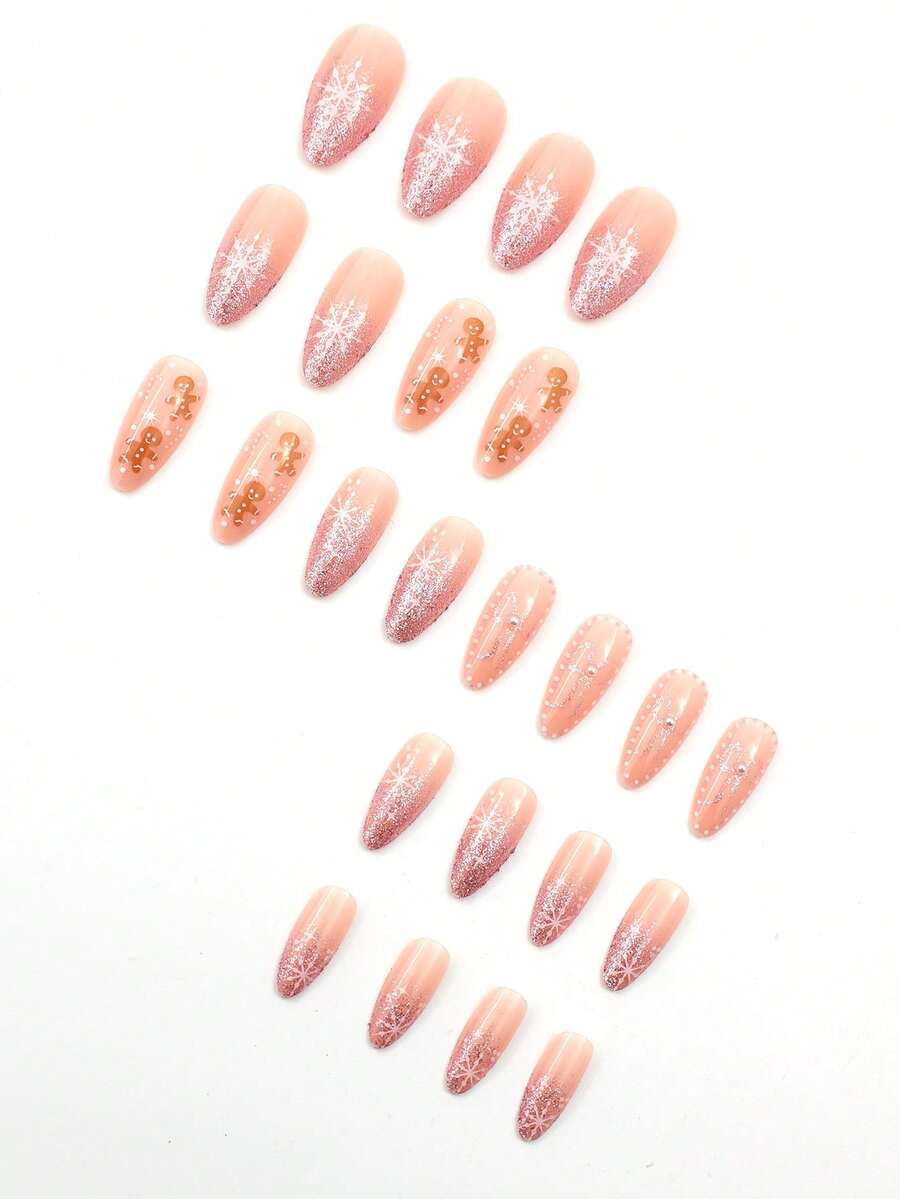 24pcs Almond Christmas Press On Nails, Red Santa Hat Short False Nails, Holiday Nail Set For Women, Office, Date, Party & Everyday Wear