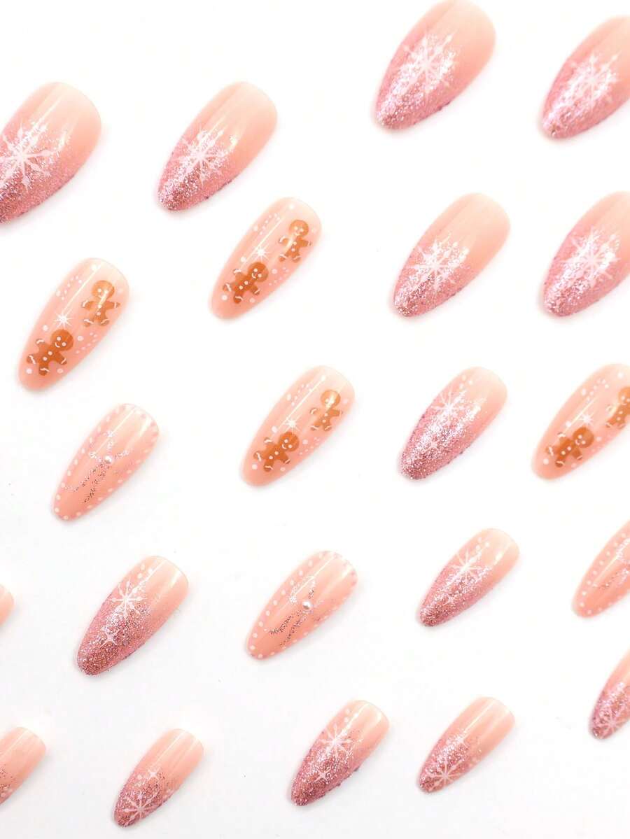 24pcs Almond Christmas Press On Nails, Red Santa Hat Short False Nails, Holiday Nail Set For Women, Office, Date, Party & Everyday Wear