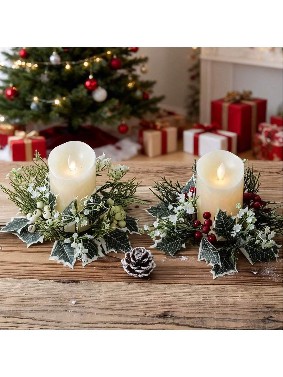 Christmas Candle Ring Holder with Red Flowers, Gold Berries & Greenery, Holiday Table Centerpiece