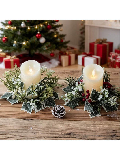 Christmas Candle Ring Holder with Red Flowers, Gold Berries & Greenery, Holiday Table Centerpiece