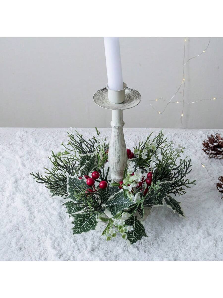 Christmas Candle Ring Holder with Red Flowers, Gold Berries & Greenery, Holiday Table Centerpiece