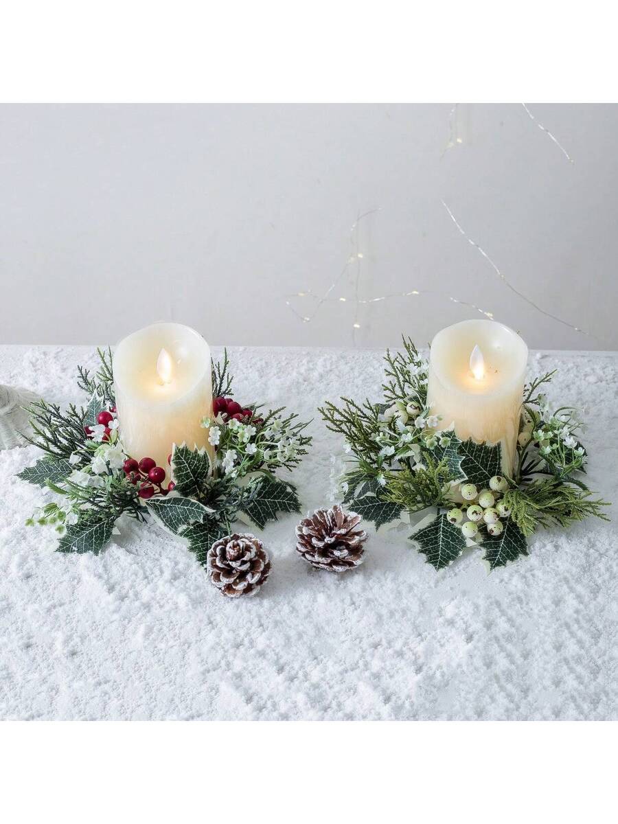Christmas Candle Ring Holder with Red Flowers, Gold Berries & Greenery, Holiday Table Centerpiece