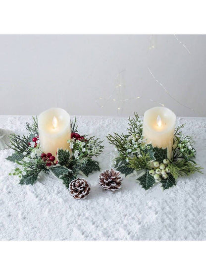 Christmas Candle Ring Holder with Red Flowers, Gold Berries & Greenery, Holiday Table Centerpiece