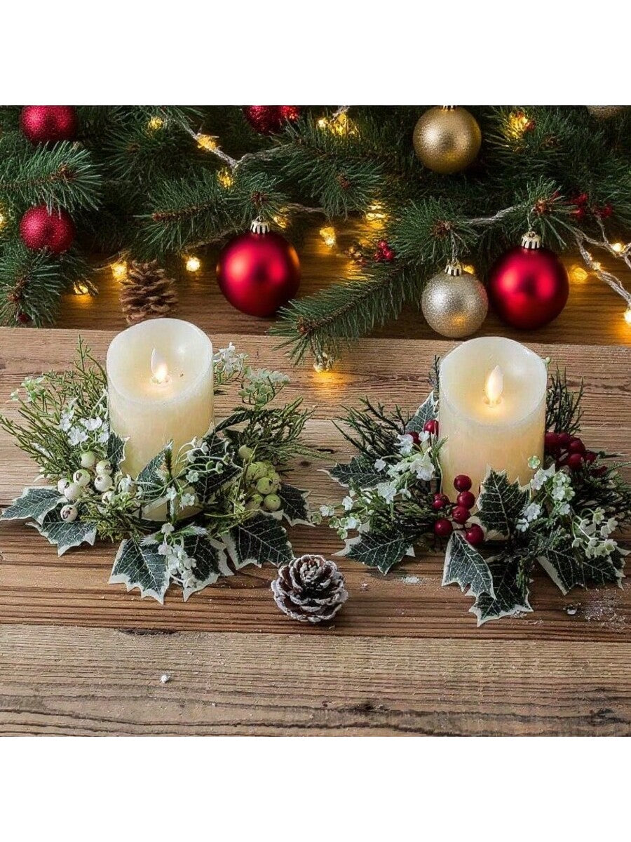 Christmas Candle Ring Holder with Red Flowers, Gold Berries & Greenery, Holiday Table Centerpiece