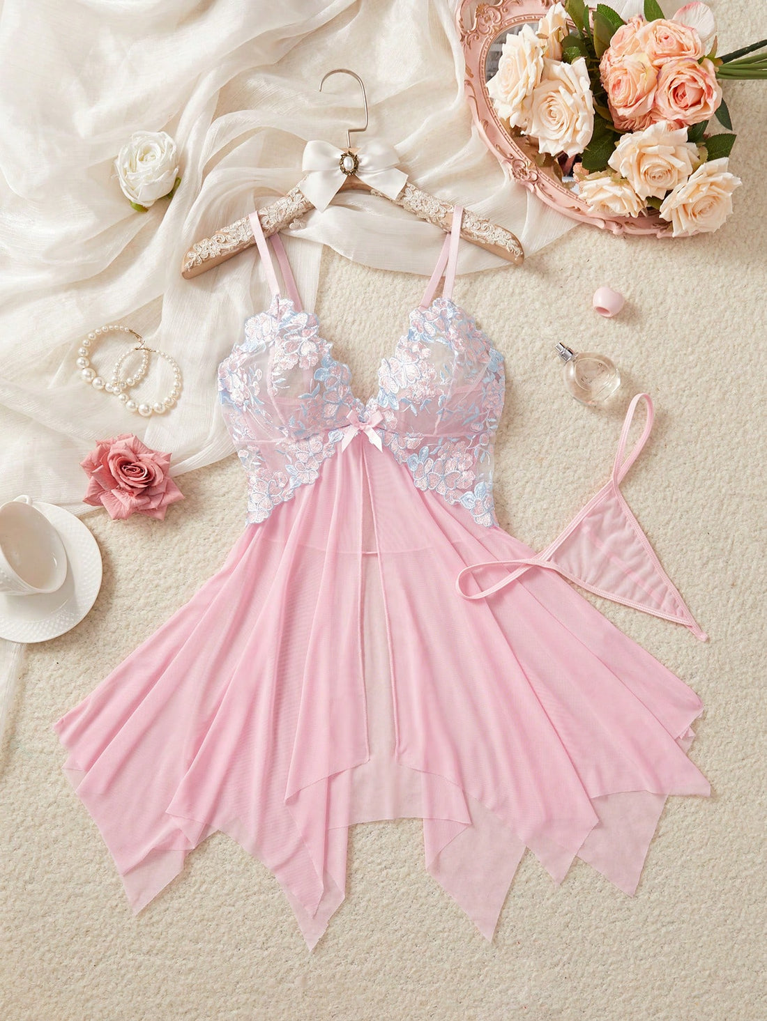 Unlock The Mysterious Light Purple Embroidered Sheer Nightgown, Gently Wrapping The Charming Figure, Sexy Asymmetric/Asymmetrical Sheer Thong, Going Out