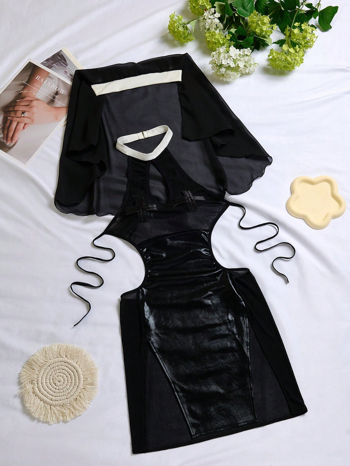 Women's Sexy Lingerie Set: Sheer Cross Mesh Bodydress With Detachable Sleeves, Panty, Robe Costume