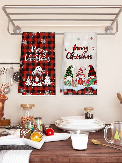 2pcs Christmas Gnome Hand Towels, Red & Black Plaid Microfiber Kitchen & Bathroom Towels, Soft Absorbent Holiday Home Decor
