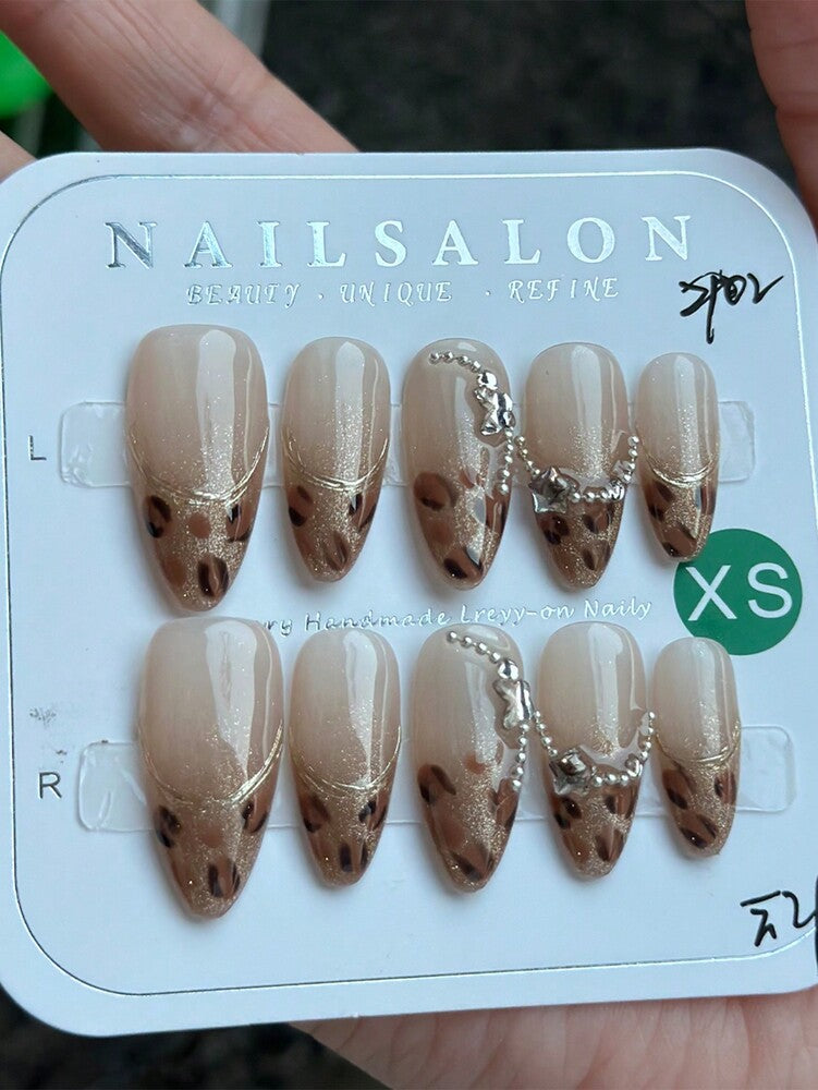 10pcs Leopard Print Press On Nails, Shibuya Gyaru French Gold Edge Design With Star And Butterfly Charms, Vintage Y2K Nail Set