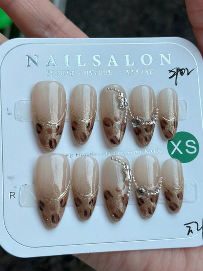 10pcs Leopard Print Press On Nails, Shibuya Gyaru French Gold Edge Design With Star And Butterfly Charms, Vintage Y2K Nail Set