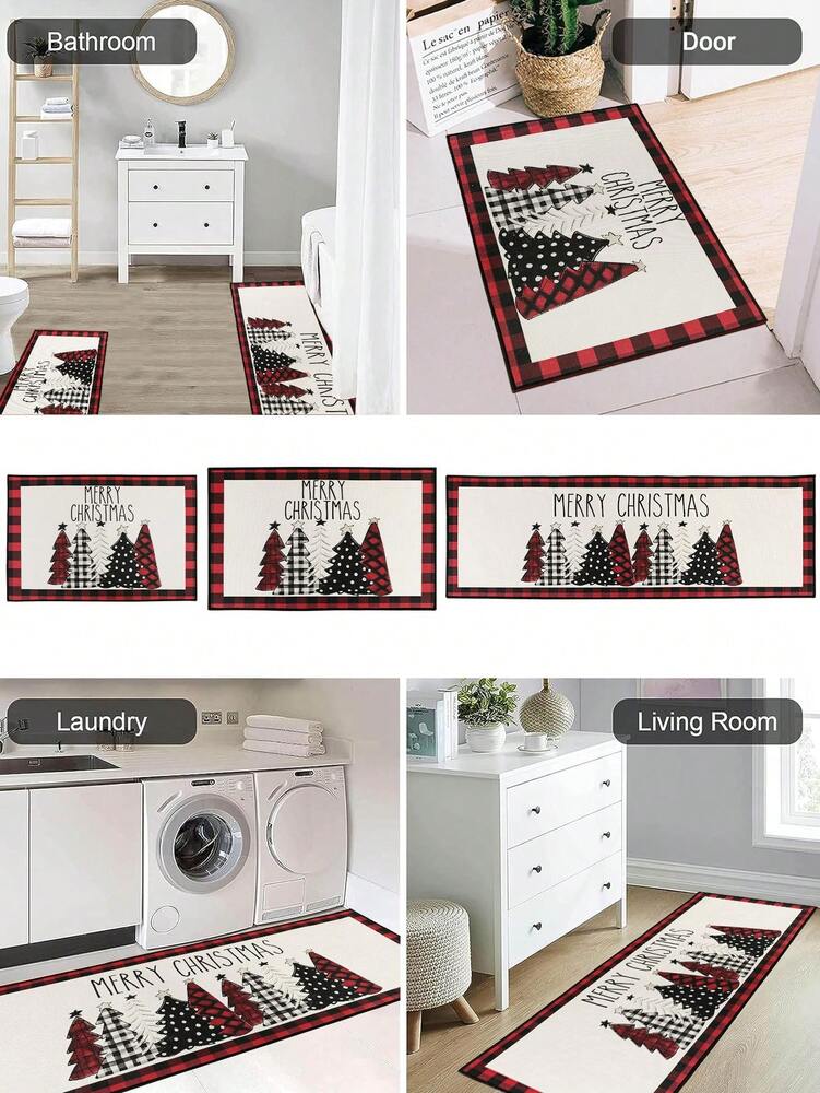 Merry Christmas Red Plaid Door Mat, Non-Slip Washable Entry Rug with Tree Print, Holiday Welcome Mat for Front Door or Home Decor