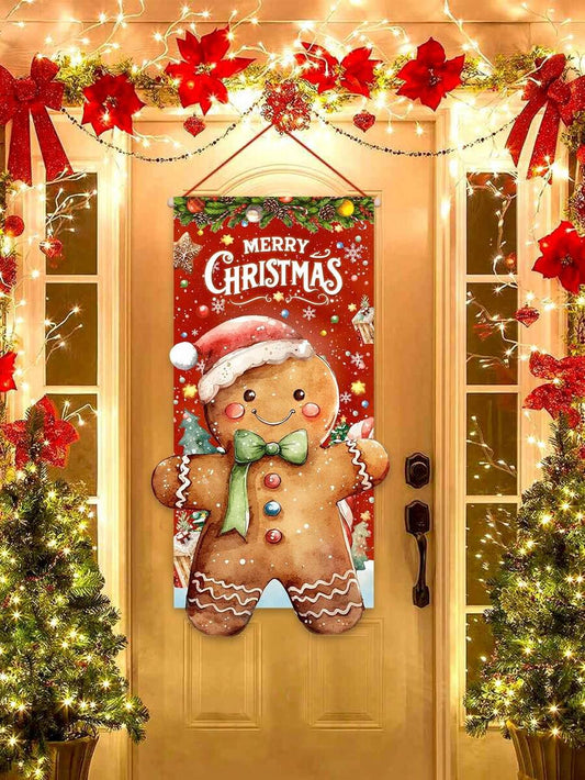 49x96cm Christmas Polyester Door Flag, Vintage Gingerbread Doll Design with “MERRY CHRISTMAS” Text, Red Holiday Banner for Door, Garden & Home Decor
