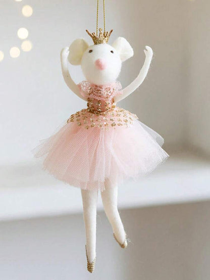 Pink Mesh Skirt Mouse Ornament with Golden Crown, Cute Christmas Tree Pendant, Aesthetic Holiday Decoration for Bedroom, Living Room or Office Decor