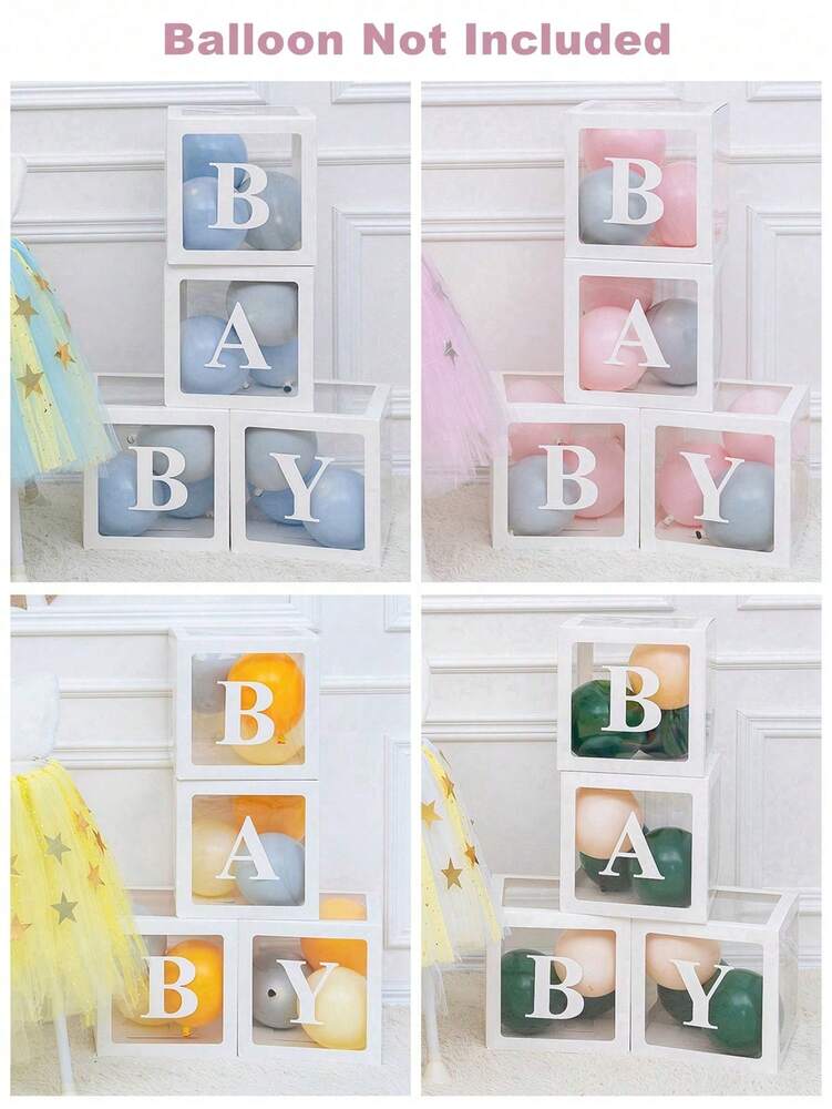 8pcs Transparent Baby Shower Boxes Set, 25cm Letter Balloon Boxes for Gender Reveal Party, Baby Boy or Girl Shower Decorations and Photography Props