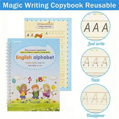 4pcs Magical Reusable Handwriting Workbooks, Magic Calligraphy Copybook Set with Pen and Refills, Fun Tracing Practice Books for Preschool Writing