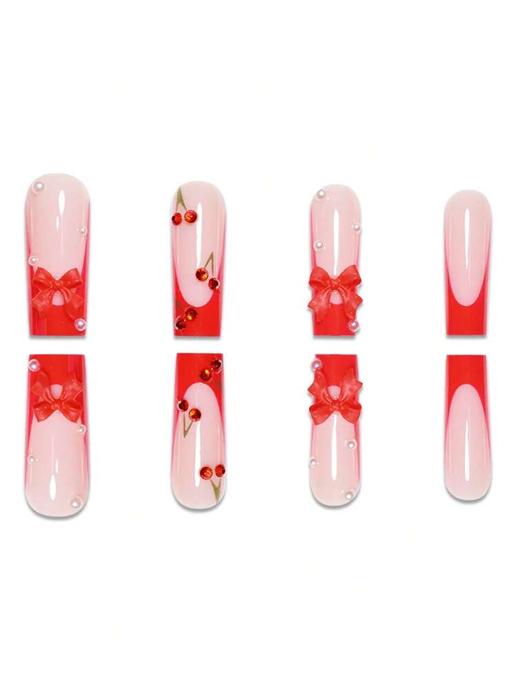 24pcs Soft French Press On Nails, Black And Red Plum Blossom Pattern, Romantic Dark Style Nail Set With File For Women Daily Wear