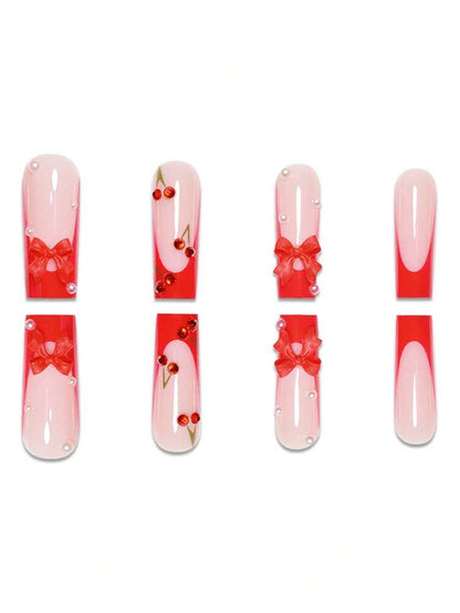 24pcs Soft French Press On Nails, Black And Red Plum Blossom Pattern, Romantic Dark Style Nail Set With File For Women Daily Wear