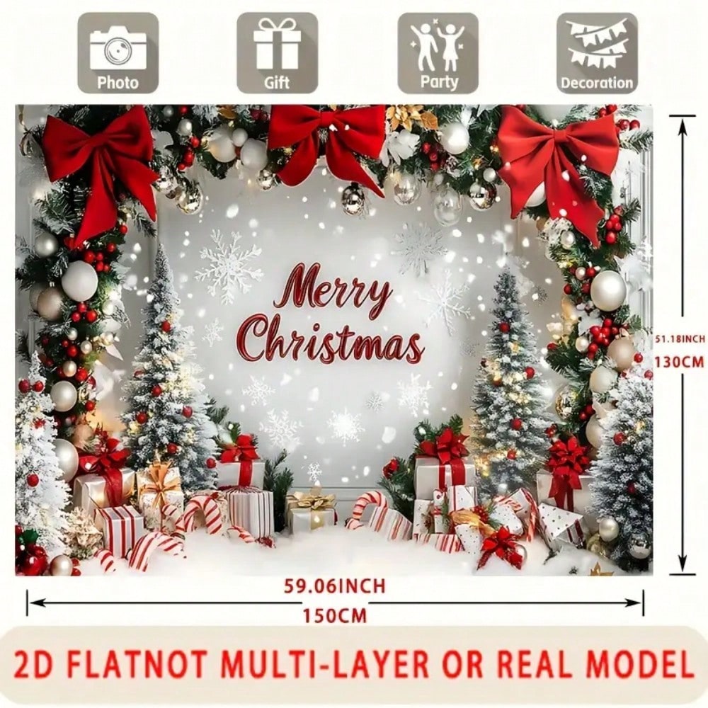 2D Christmas Party Banner, Polyester Snow Scene Backdrop with Red Hat and Festive Design, Perfect Wall Decoration for Holiday Events and Photo Props
