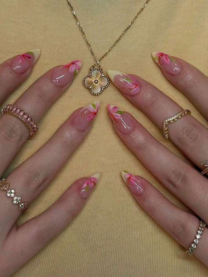 24pcs Medium Almond Press On Nails, Yellow French Tips With Floral Design, Glossy Full Cover Acrylic Nails For Women Summer Daily Nail Art