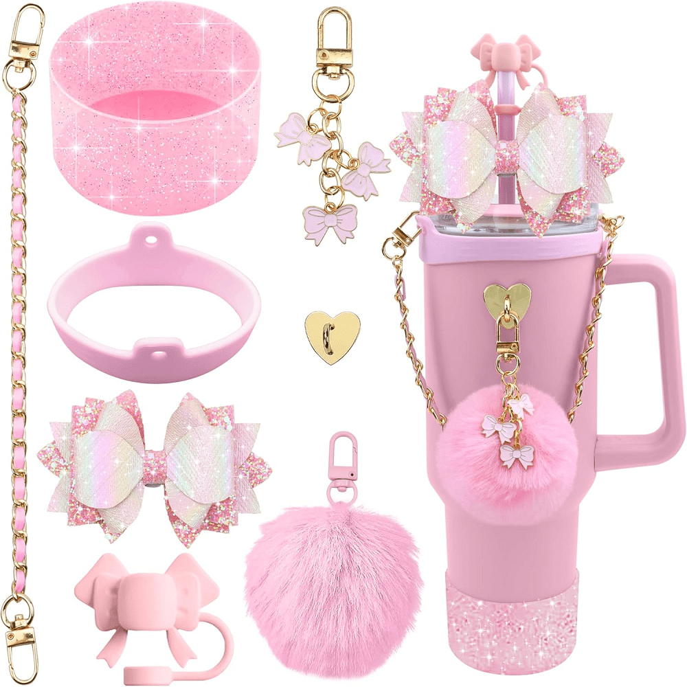 Bling Tumbler Accessory Set for 40oz/30oz Cups, Includes Silicone Bow Straw Topper, Leather Handle Strap & Decorative Charms
