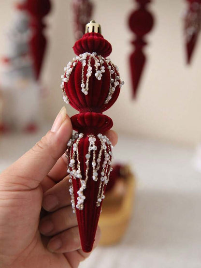 6/12pcs Velvet Christmas Ornament Set (7"), Textured Shatterproof Burgundy Tree Decorations, Elegant Holiday Home Decor