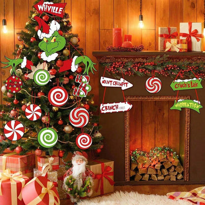 21pcs Grinch Green Paper Hanging Christmas Ornaments, Fun Tree and Room Decorations, Party Supplies for New Year and Festive Holiday Atmosphere