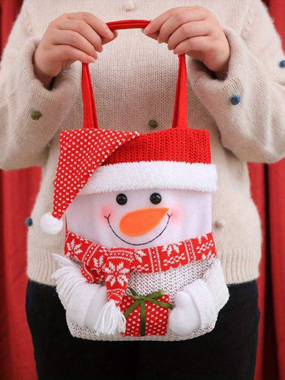 Christmas Gift Tote Bag with Santa, Snowman & Reindeer Design, Candy & Treat Bag with Flap Cap