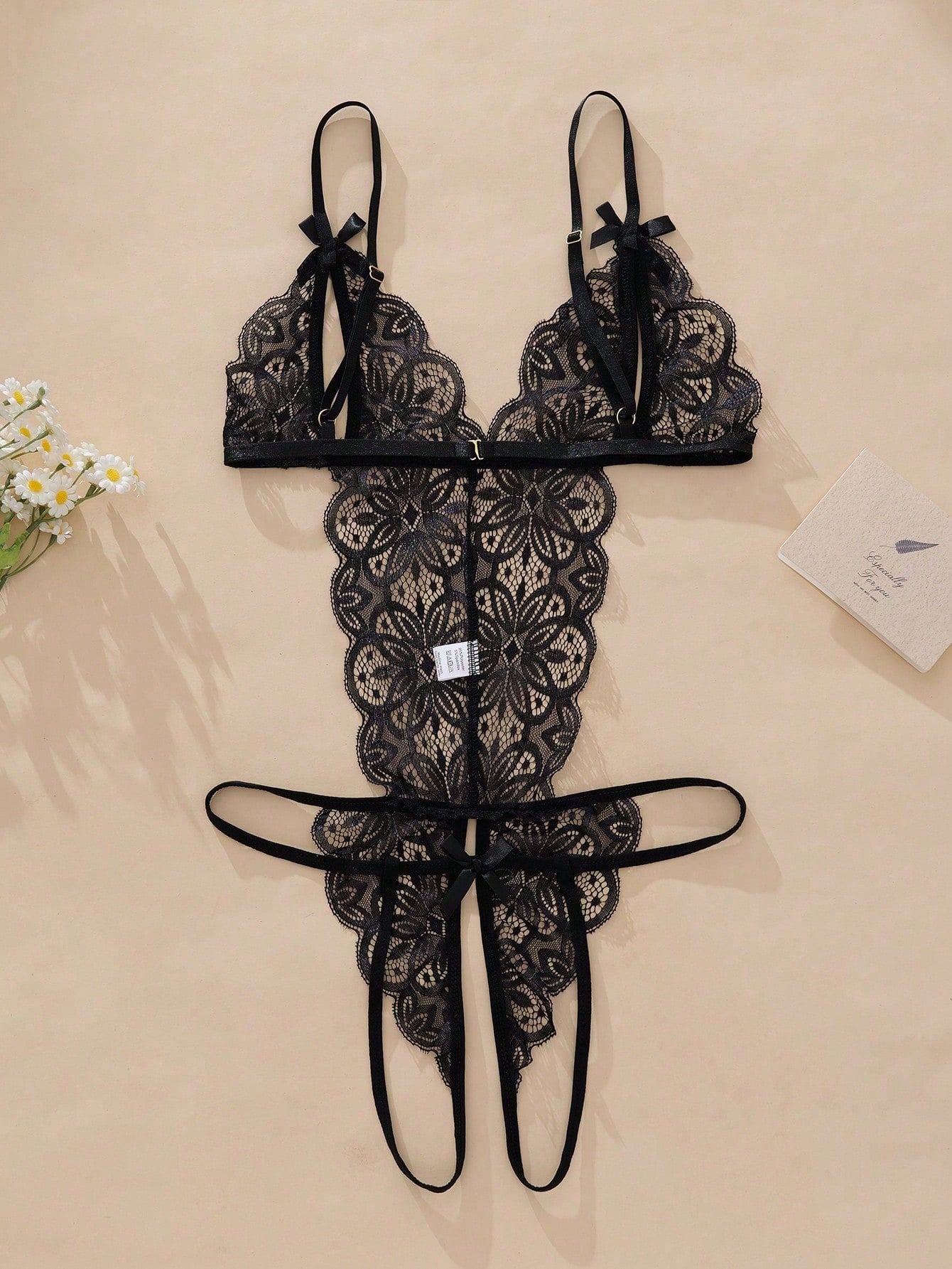 Women's Hollow Out Sheer Bow Floral Lace Elastic Backless Sexy Bodysuit Lingerie, Women's Sexy Teddy Bodysuit, Suitable For Going Out