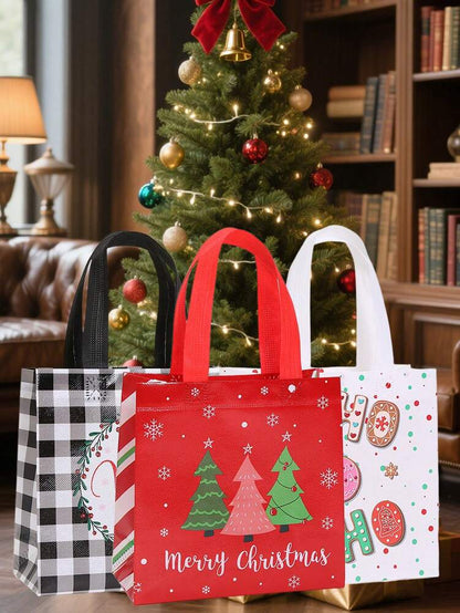 25pcs Red & Black Plaid Christmas Gift Bags, Non-Woven Holiday Tote Bags with Reindeer & Stocking Prints