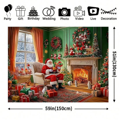 2D Polyester Christmas Party Background Banner, Snow and Ornament Design, Ideal for Homes, Walls, and Holiday Photoshoots